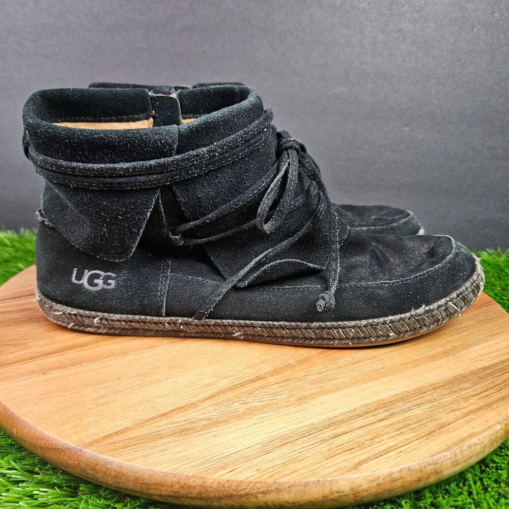 UGG Boots Womens Sz 9 Reid Zip Lace Up Moc Toe Ankle Bootie Black Suede 1019129